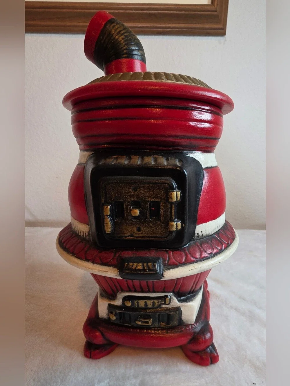 Vintage Hand-Painted Ceramic Pot Belly Stove Cookie Jar with Lid